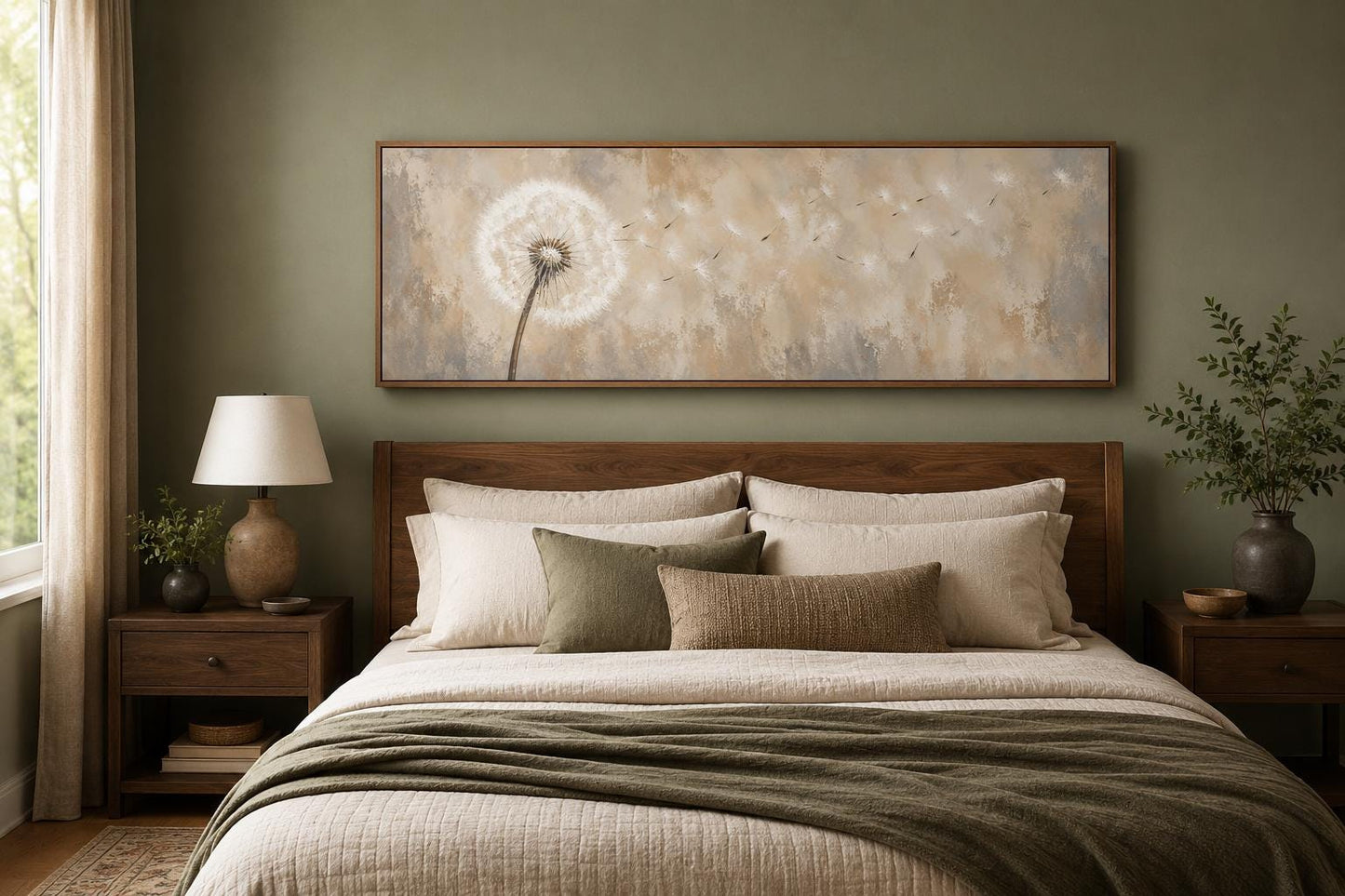 Dandelion Seeds Blowing in Wind Long Horizontal Neutral Above Bed Wall Art