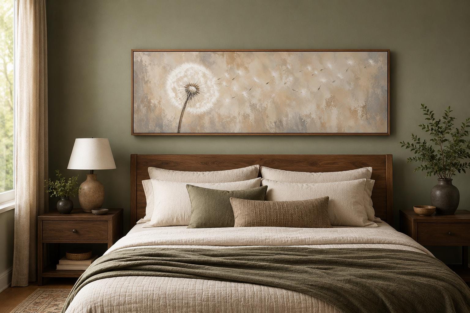 Dandelion Seeds Blowing in Wind Long Horizontal Neutral Above Bed Wall Art
