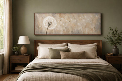 Dandelion Seeds Blowing in Wind Long Horizontal Neutral Above Bed Wall Art