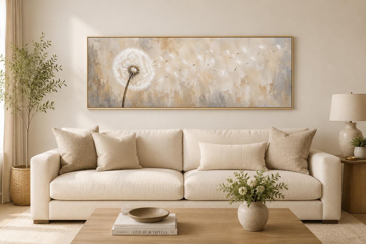 Dandelion Seeds Blowing in Wind Long Horizontal Neutral Above Bed Wall Art