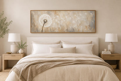 Dandelion Seeds Blowing in Wind Long Horizontal Neutral Above Bed Wall Art