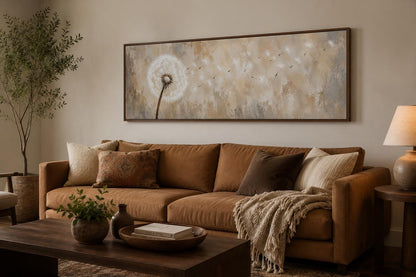 Dandelion Seeds Blowing in Wind Long Horizontal Neutral Above Bed Wall Art