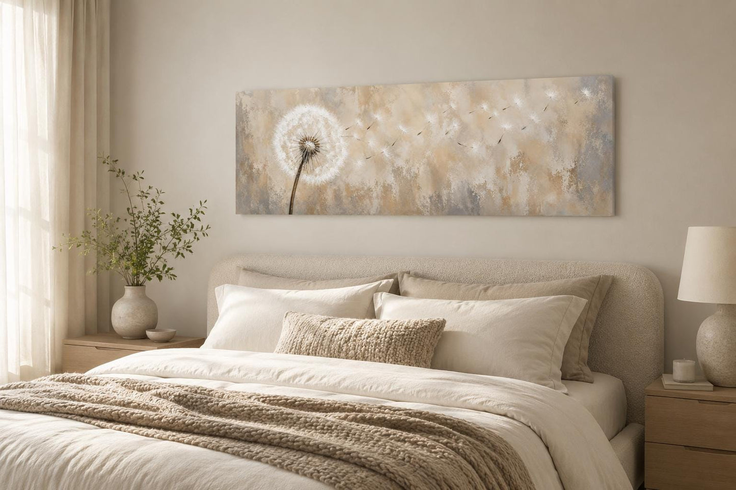 Dandelion Seeds Blowing in Wind Long Horizontal Neutral Above Bed Wall Art