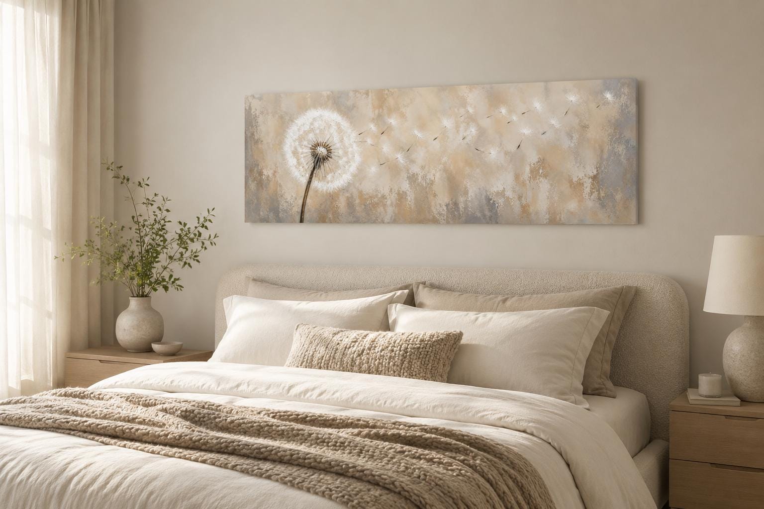 Dandelion Seeds Blowing in Wind Long Horizontal Neutral Above Bed Wall Art