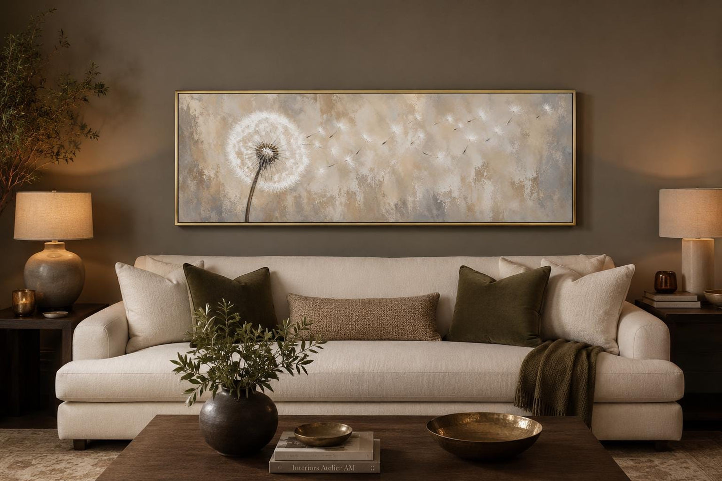 Dandelion Seeds Blowing in Wind Long Horizontal Neutral Above Bed Wall Art