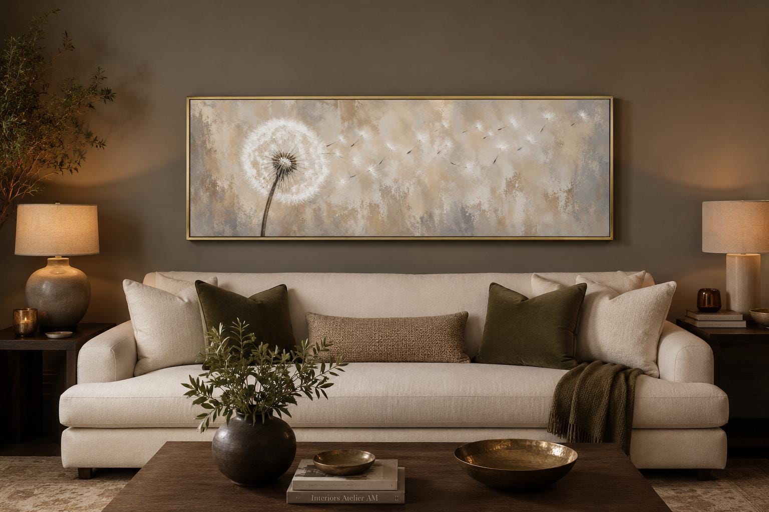 Dandelion Seeds Blowing in Wind Long Horizontal Neutral Above Bed Wall Art
