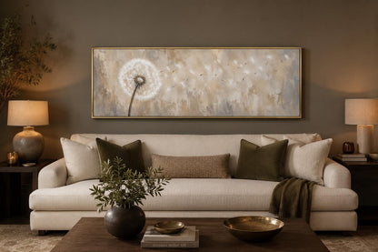 Dandelion Seeds Blowing in Wind Long Horizontal Neutral Above Bed Wall Art