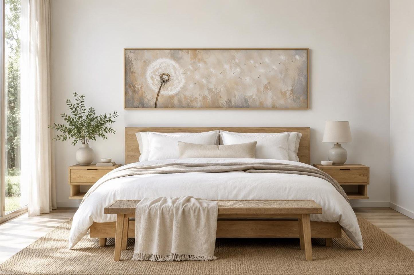 Dandelion Seeds Blowing in Wind Long Horizontal Neutral Above Bed Wall Art