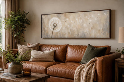 Dandelion Seeds Blowing in Wind Long Horizontal Neutral Above Bed Wall Art