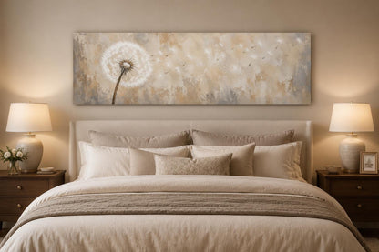 Dandelion Seeds Blowing in Wind Long Horizontal Neutral Above Bed Wall Art