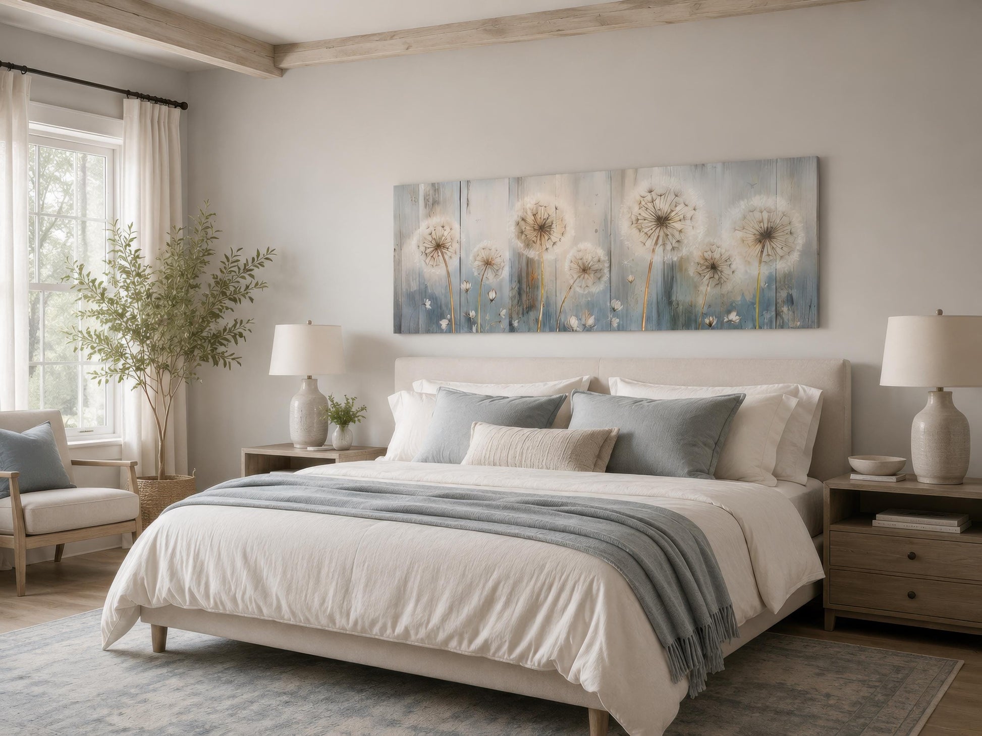 Dandelion Wall Art - Long Horizontal Canvas | Botanical Floral Print, Farmhouse Bedroom Decor