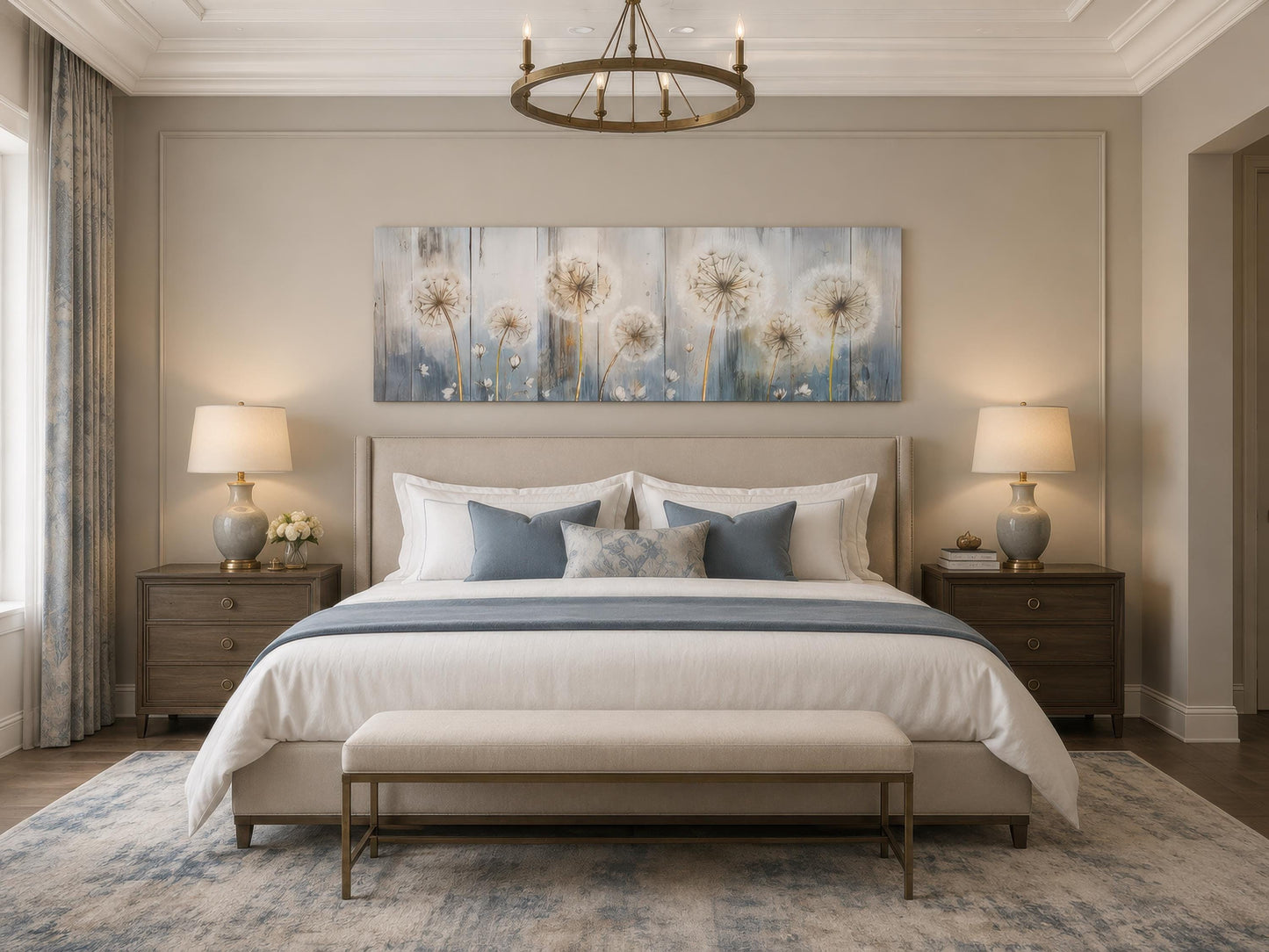 Dandelion Wall Art - Long Horizontal Canvas | Botanical Floral Print, Farmhouse Bedroom Decor