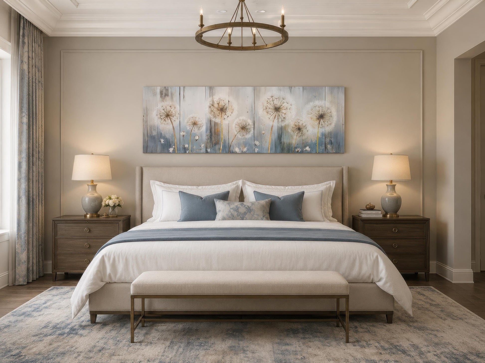 Dandelion Wall Art - Long Horizontal Canvas | Botanical Floral Print, Farmhouse Bedroom Decor