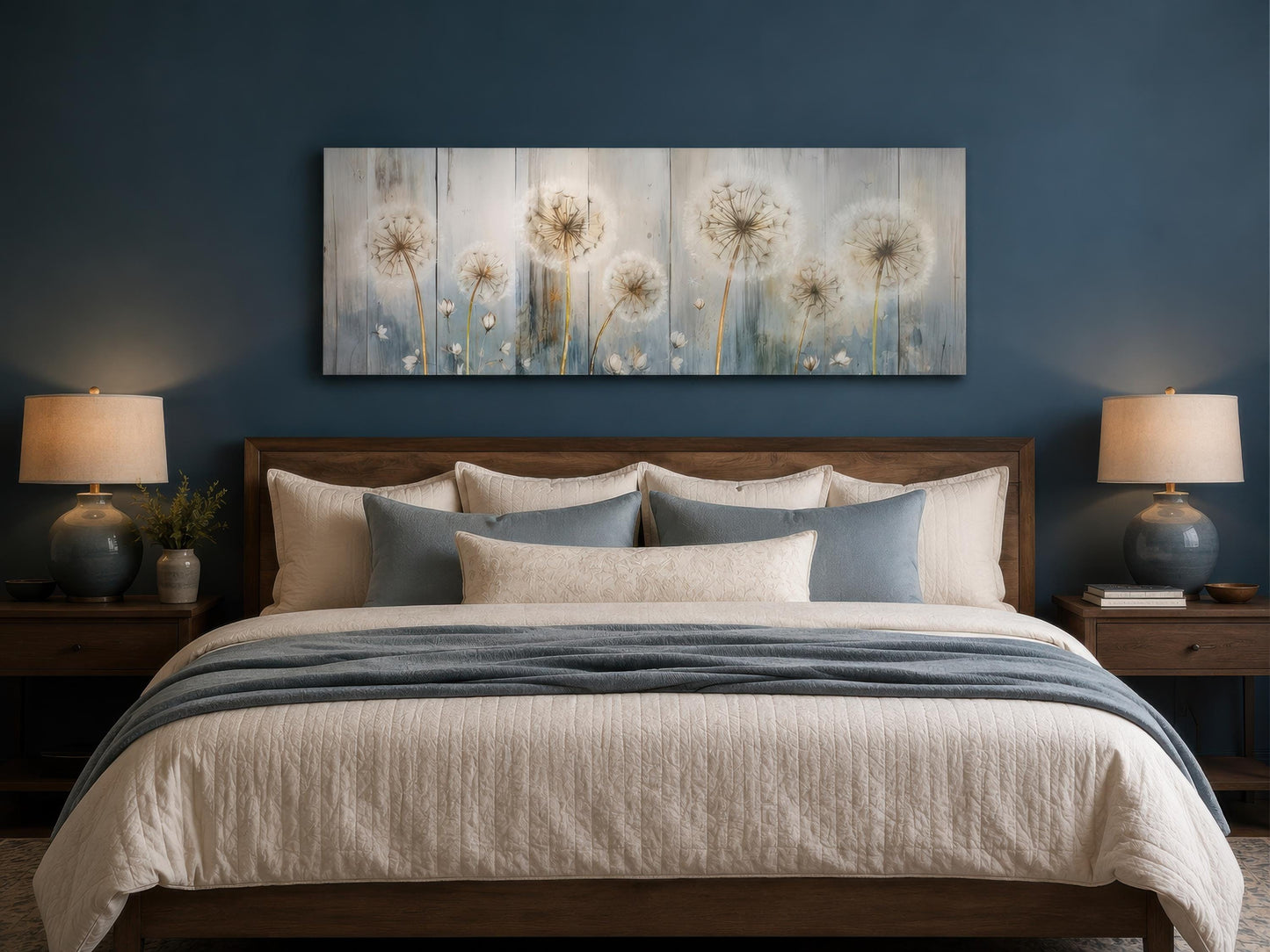 Dandelion Wall Art - Long Horizontal Canvas | Botanical Floral Print, Farmhouse Bedroom Decor