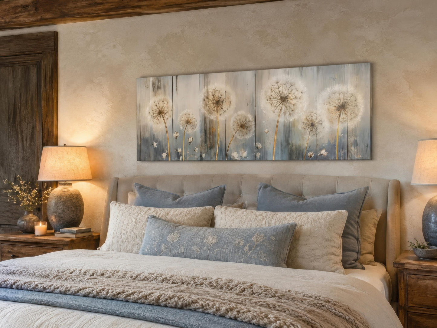 Dandelion Wall Art - Long Horizontal Canvas | Botanical Floral Print, Farmhouse Bedroom Decor