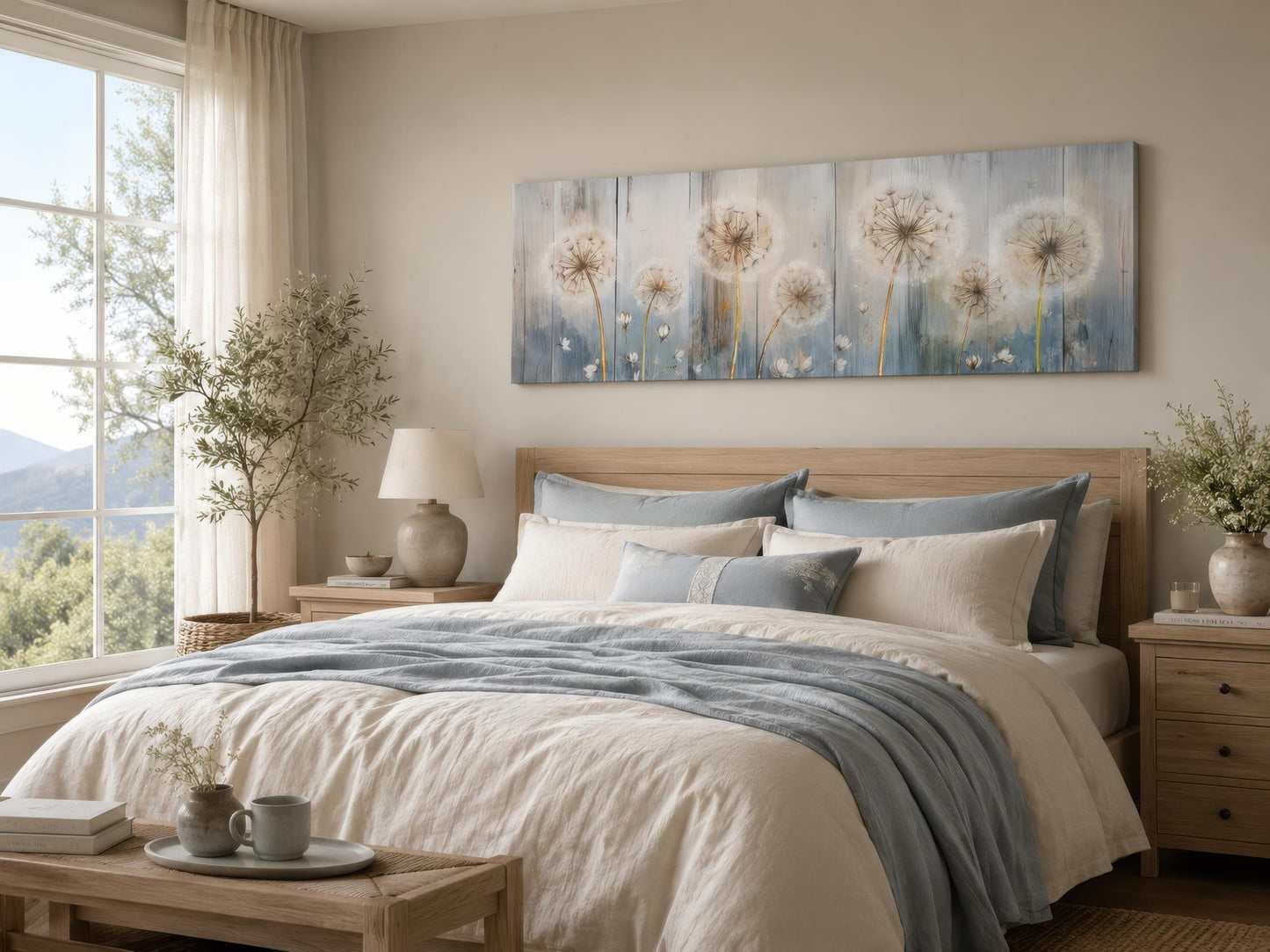 Dandelion Wall Art - Long Horizontal Canvas | Botanical Floral Print, Farmhouse Bedroom Decor