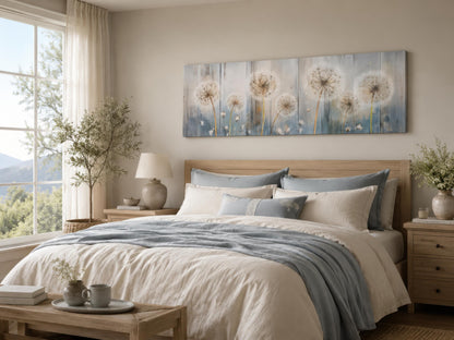 Dandelion Wall Art - Long Horizontal Canvas | Botanical Floral Print, Farmhouse Bedroom Decor
