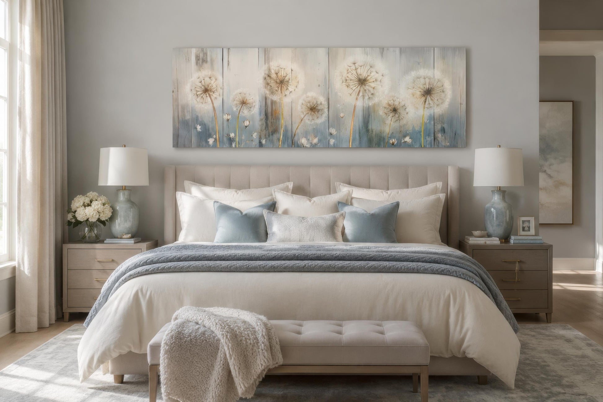 Dandelion Wall Art - Long Horizontal Canvas | Botanical Floral Print, Farmhouse Bedroom Decor