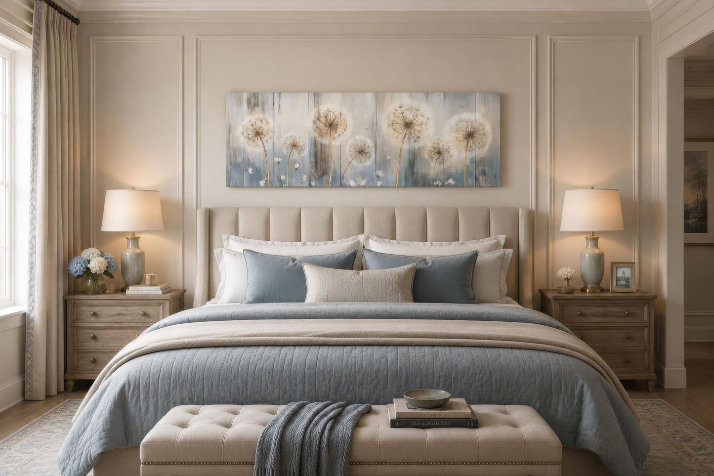 Dandelion Wall Art - Long Horizontal Canvas | Botanical Floral Print, Farmhouse Bedroom Decor