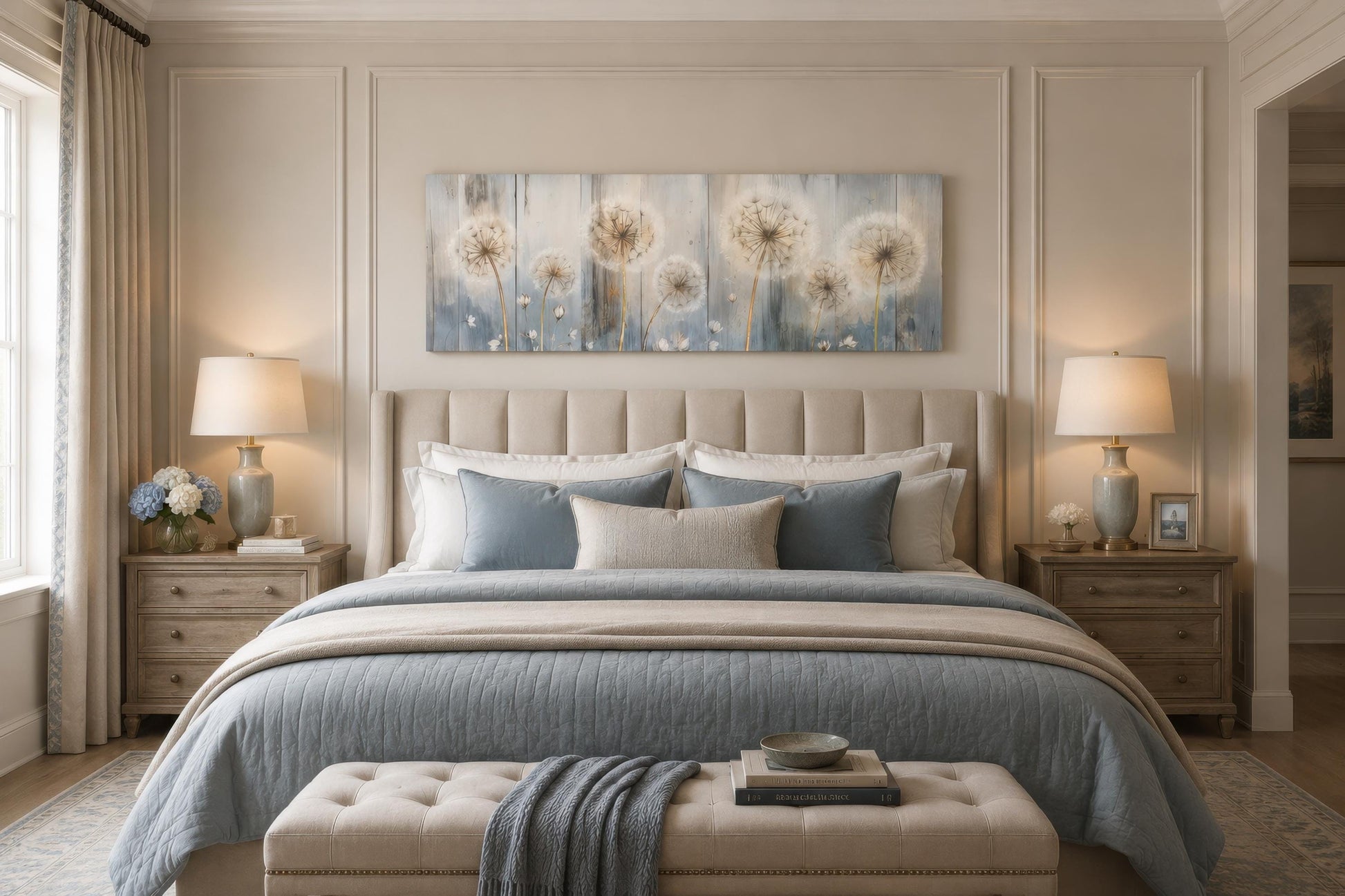 Dandelion Wall Art - Long Horizontal Canvas | Botanical Floral Print, Farmhouse Bedroom Decor