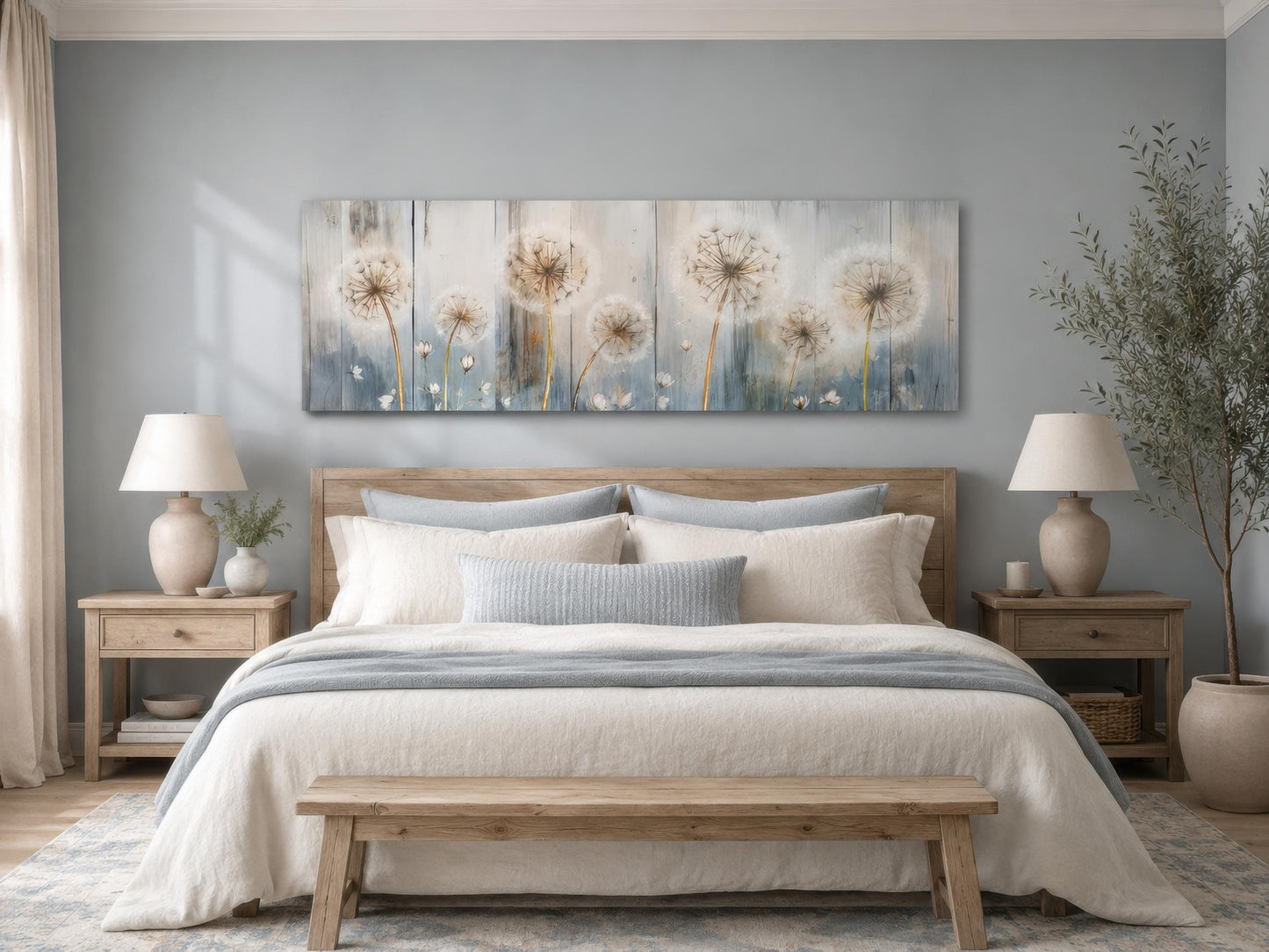 Dandelion Wall Art - Long Horizontal Canvas | Botanical Floral Print, Farmhouse Bedroom Decor