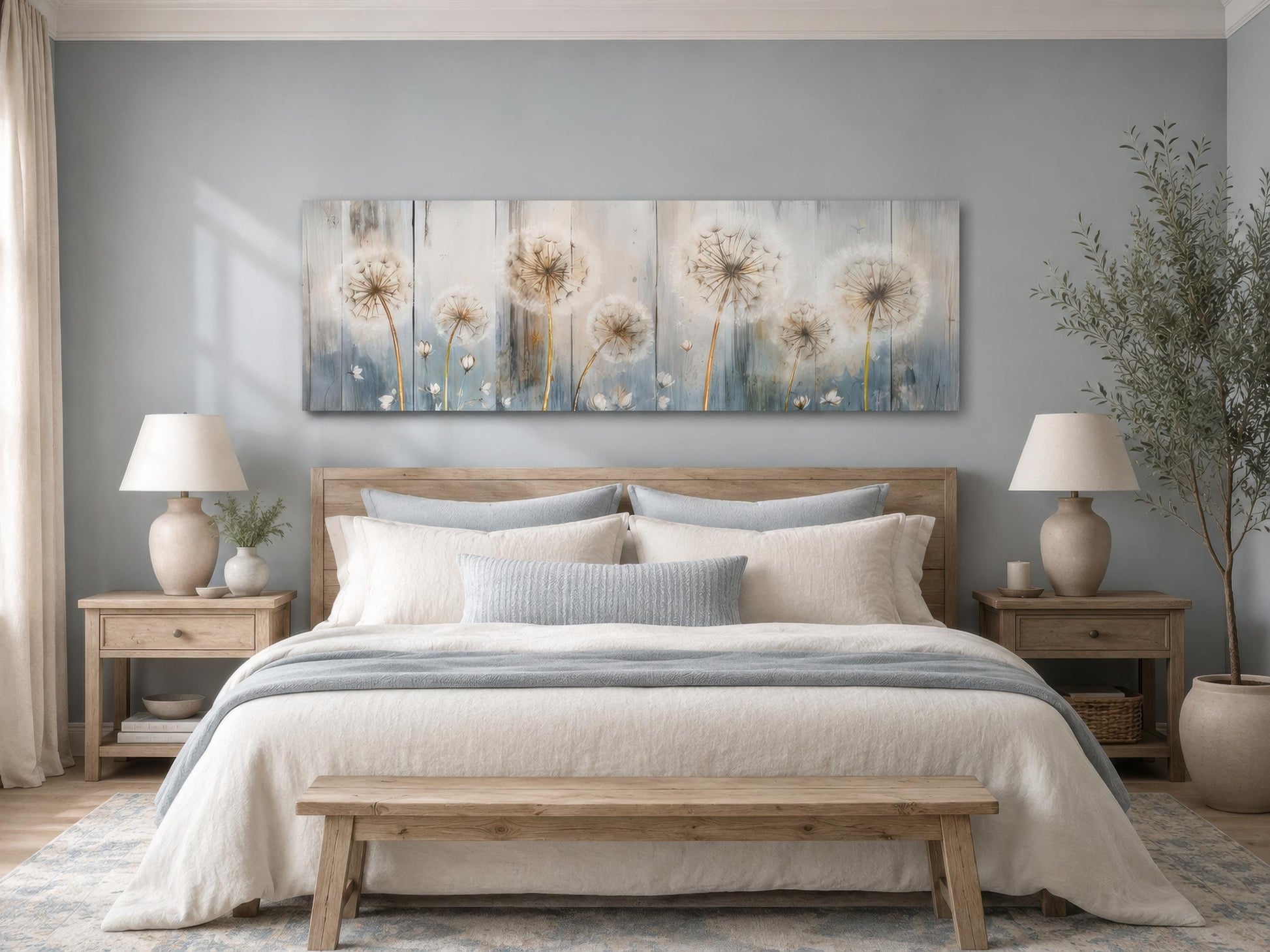 Dandelion Wall Art - Long Horizontal Canvas | Botanical Floral Print, Farmhouse Bedroom Decor