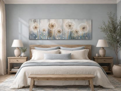 Dandelion Wall Art - Long Horizontal Canvas | Botanical Floral Print, Farmhouse Bedroom Decor