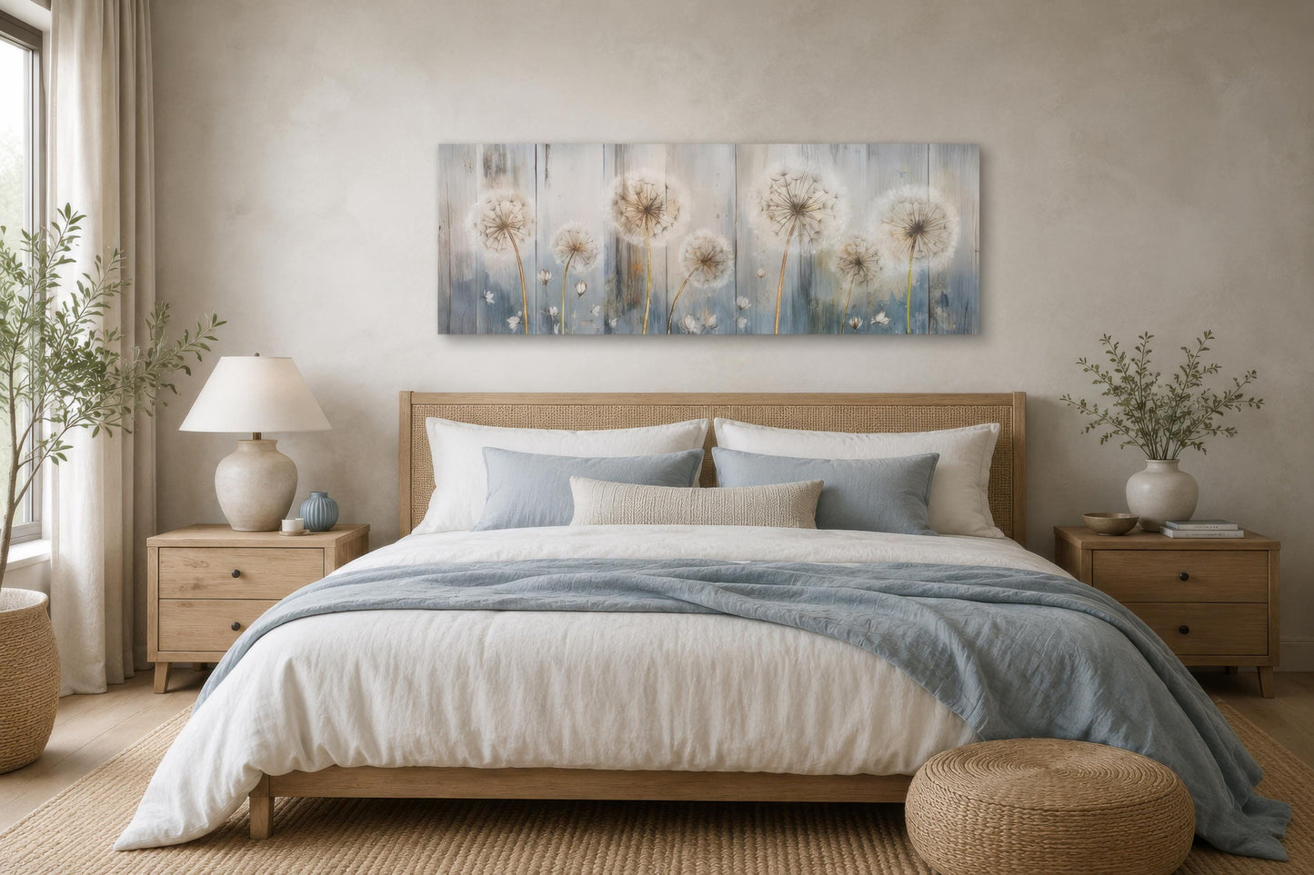 Dandelion Wall Art - Long Horizontal Canvas | Botanical Floral Print, Farmhouse Bedroom Decor