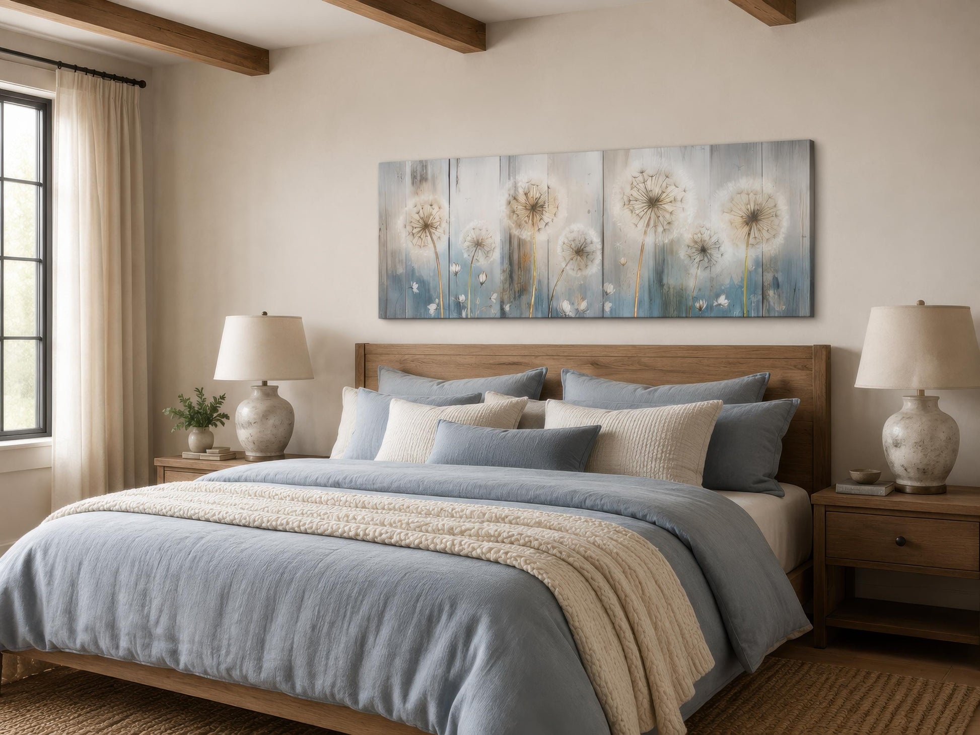 Dandelion Wall Art - Long Horizontal Canvas | Botanical Floral Print, Farmhouse Bedroom Decor