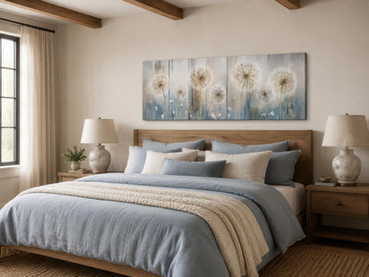 Dandelion Wall Art - Long Horizontal Canvas | Botanical Floral Print, Farmhouse Bedroom Decor