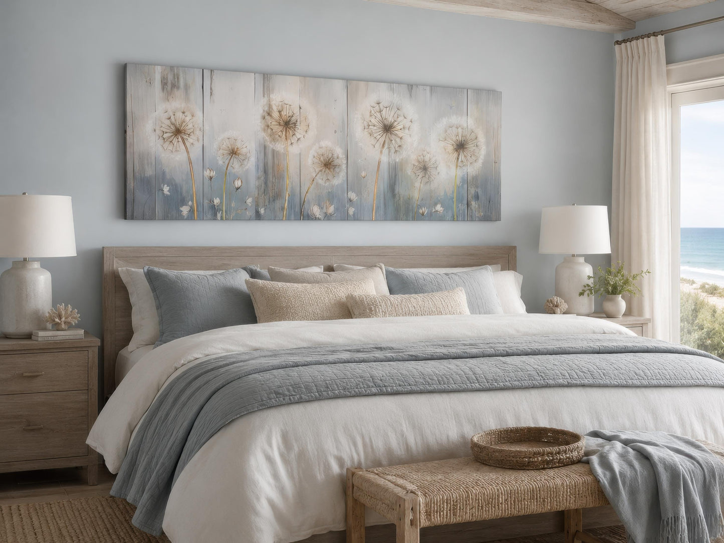 Dandelion Wall Art - Long Horizontal Canvas | Botanical Floral Print, Farmhouse Bedroom Decor