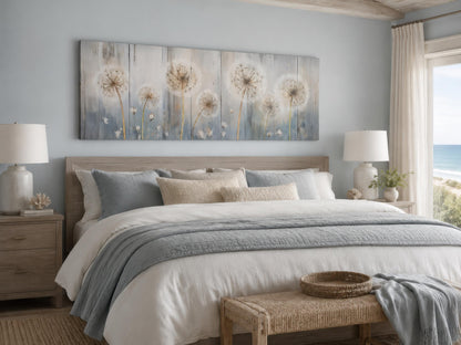 Dandelion Wall Art - Long Horizontal Canvas | Botanical Floral Print, Farmhouse Bedroom Decor