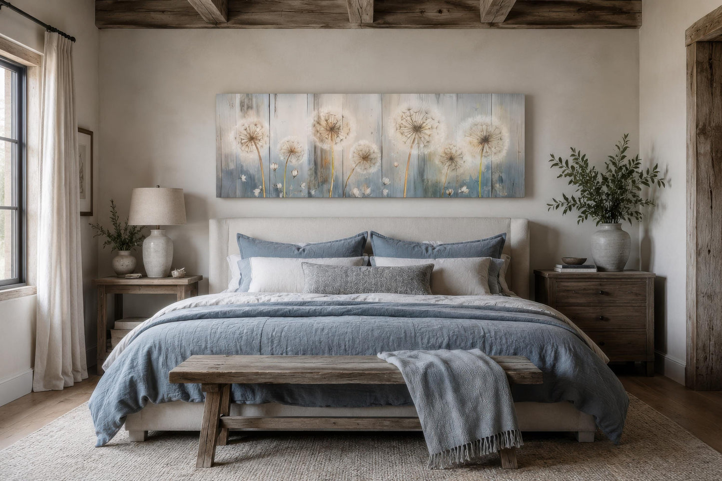 Dandelion Wall Art - Long Horizontal Canvas | Botanical Floral Print, Farmhouse Bedroom Decor