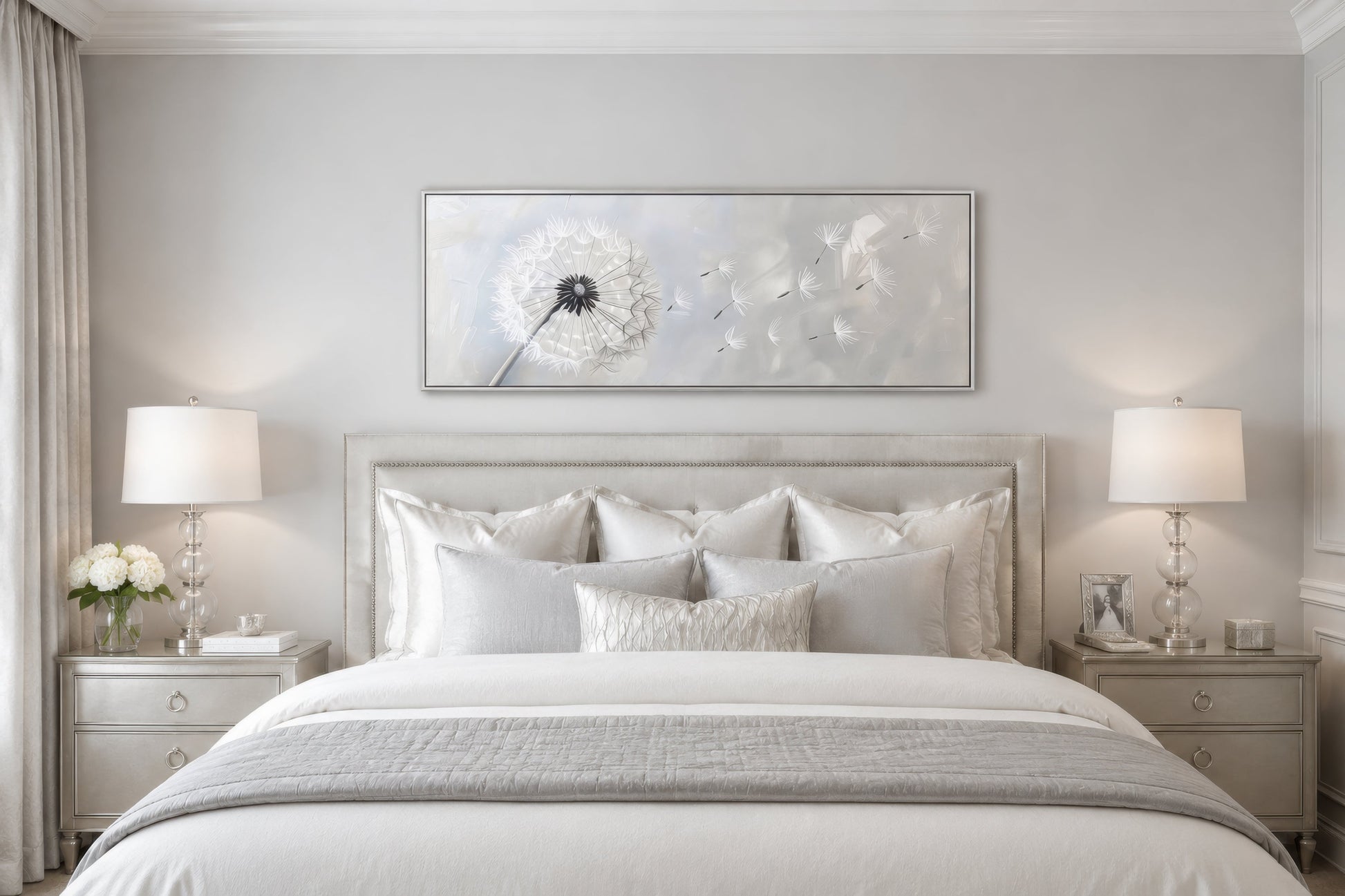 Dandelion Boho Grey White Long Horizontal Framed Canvas Wall Art