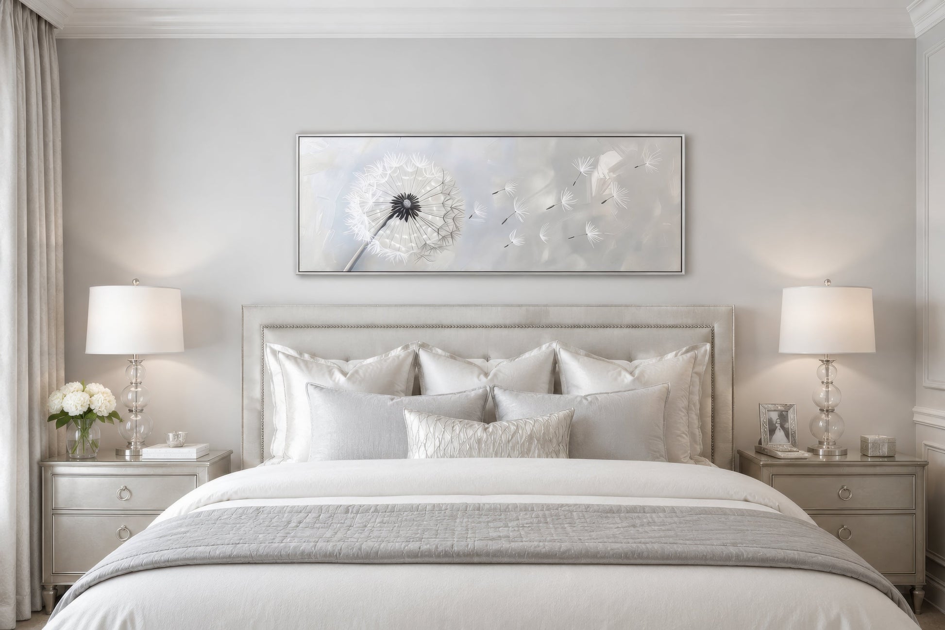 Dandelion Boho Grey White Long Horizontal Framed Canvas Wall Art