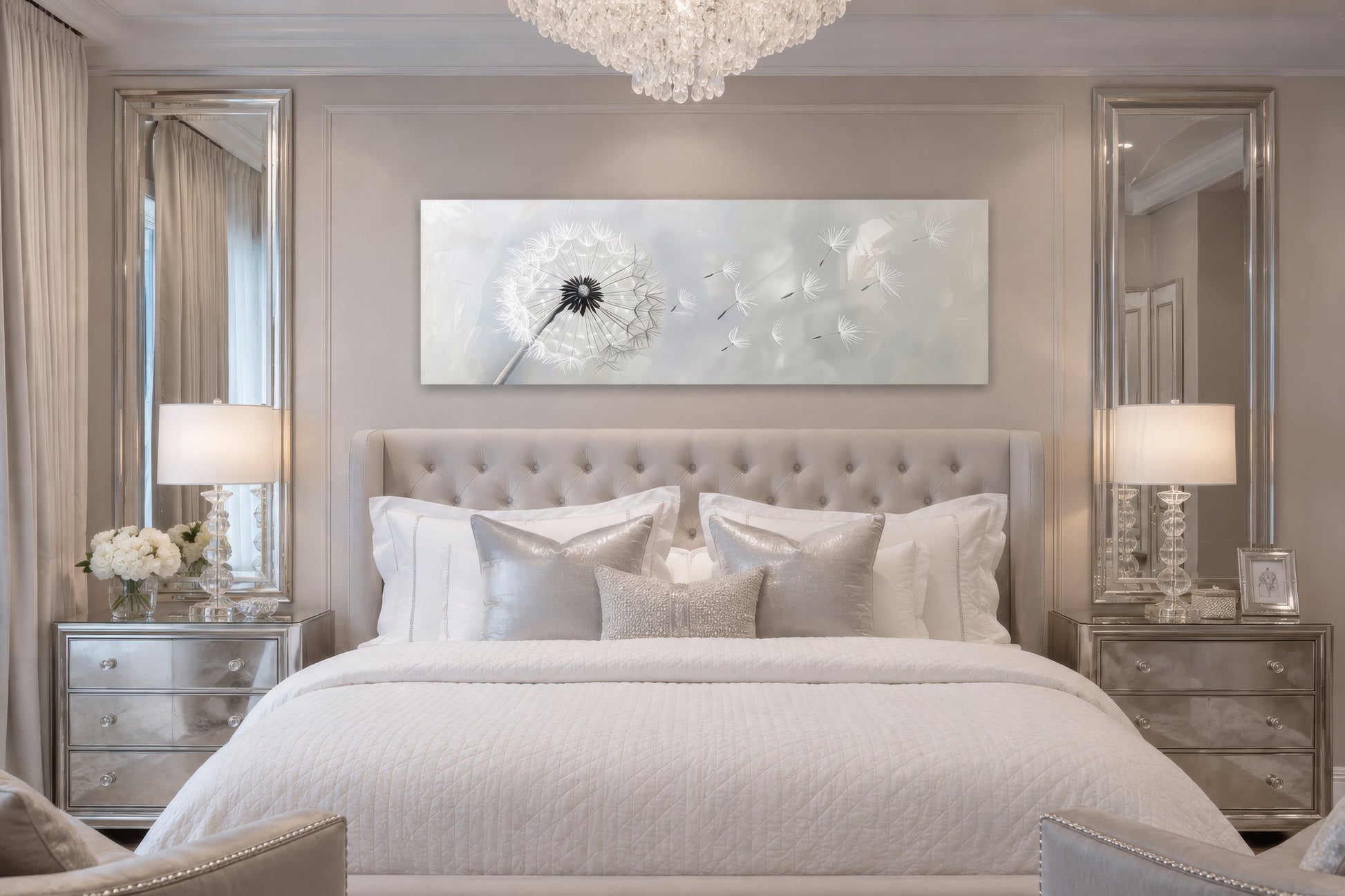 Dandelion Boho Grey White Long Horizontal Framed Canvas Wall Art