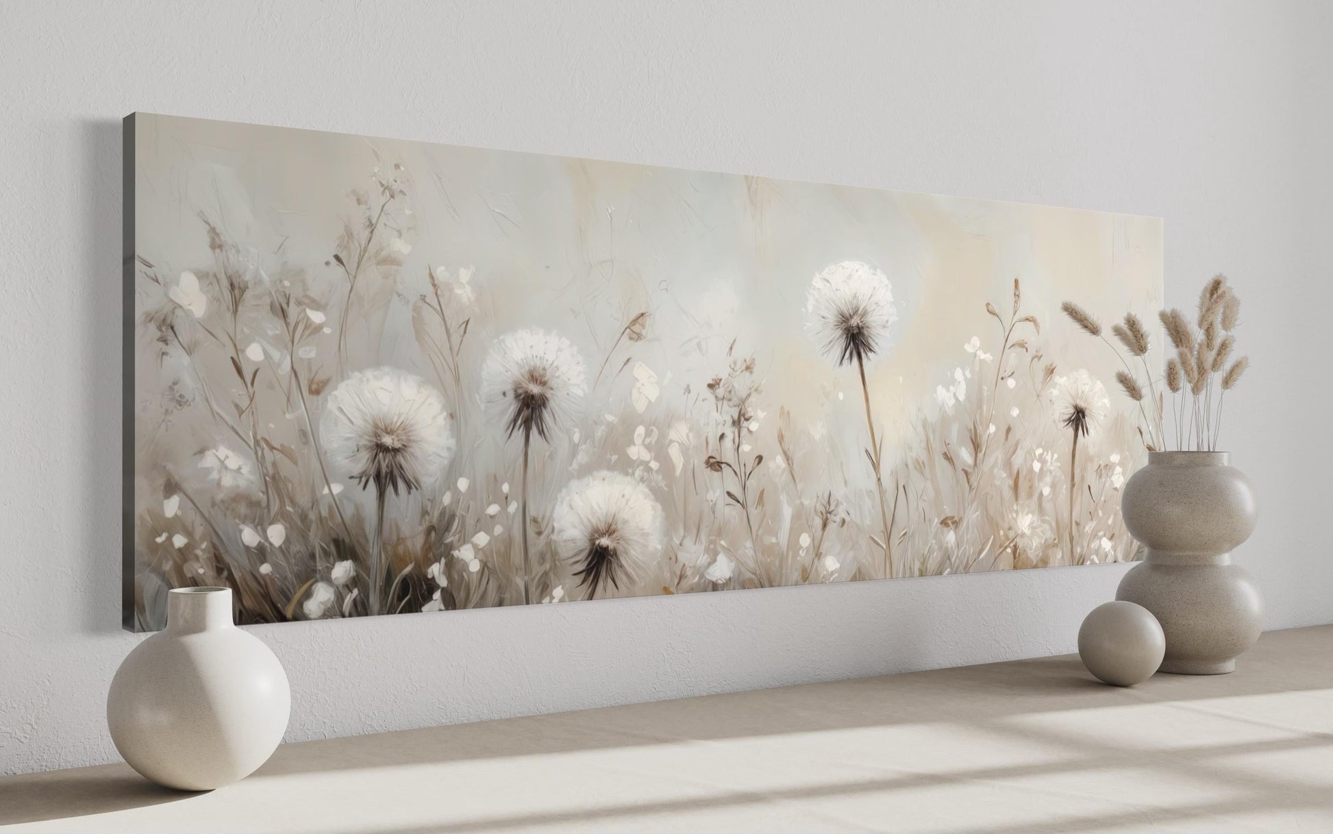 Dandelions Field White Beige Neutral Farmhouse Boho Long Horizontal Wall Art