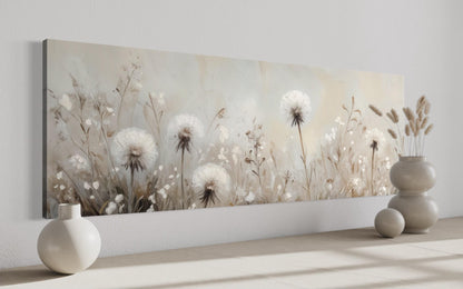 Dandelions Field White Beige Neutral Farmhouse Boho Long Horizontal Wall Art