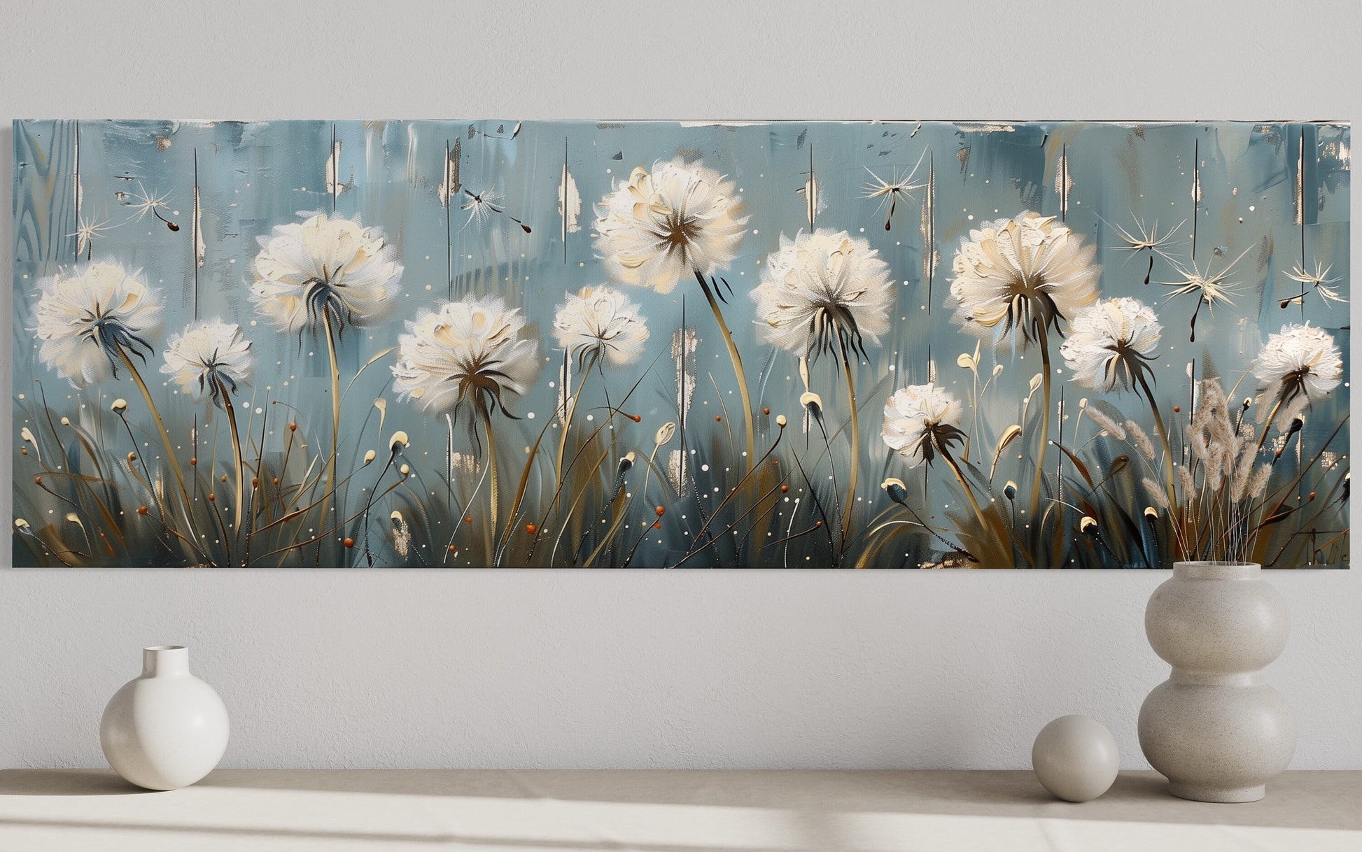 Dandelions Painting On Distressed Wood Horizontal Farmhouse Wall Art