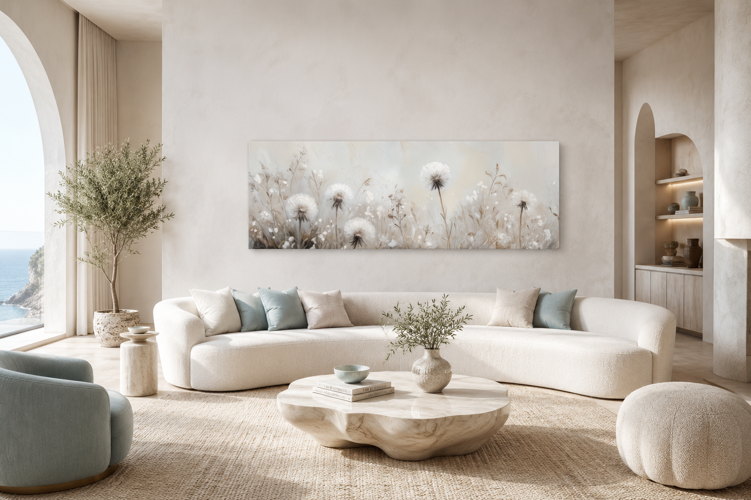 Dandelions Field White Beige Neutral Farmhouse Boho Long Horizontal Wall Art