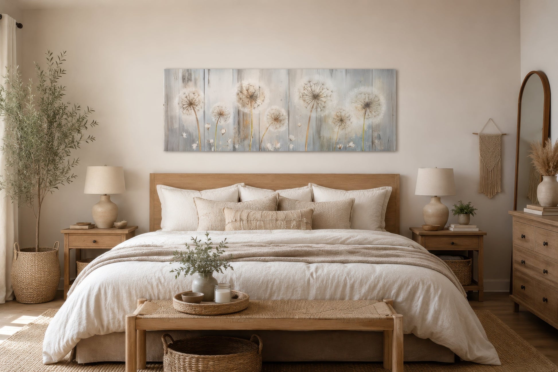 Dandelions Painting On Distressed Wood Horizontal Canvas Wall Art