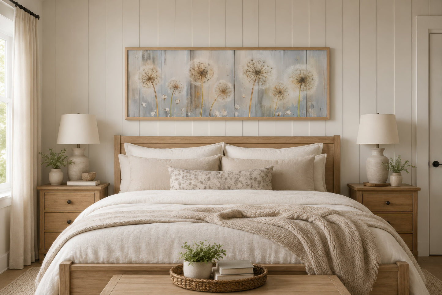 Dandelions Painting On Distressed Wood Horizontal Canvas Wall Art