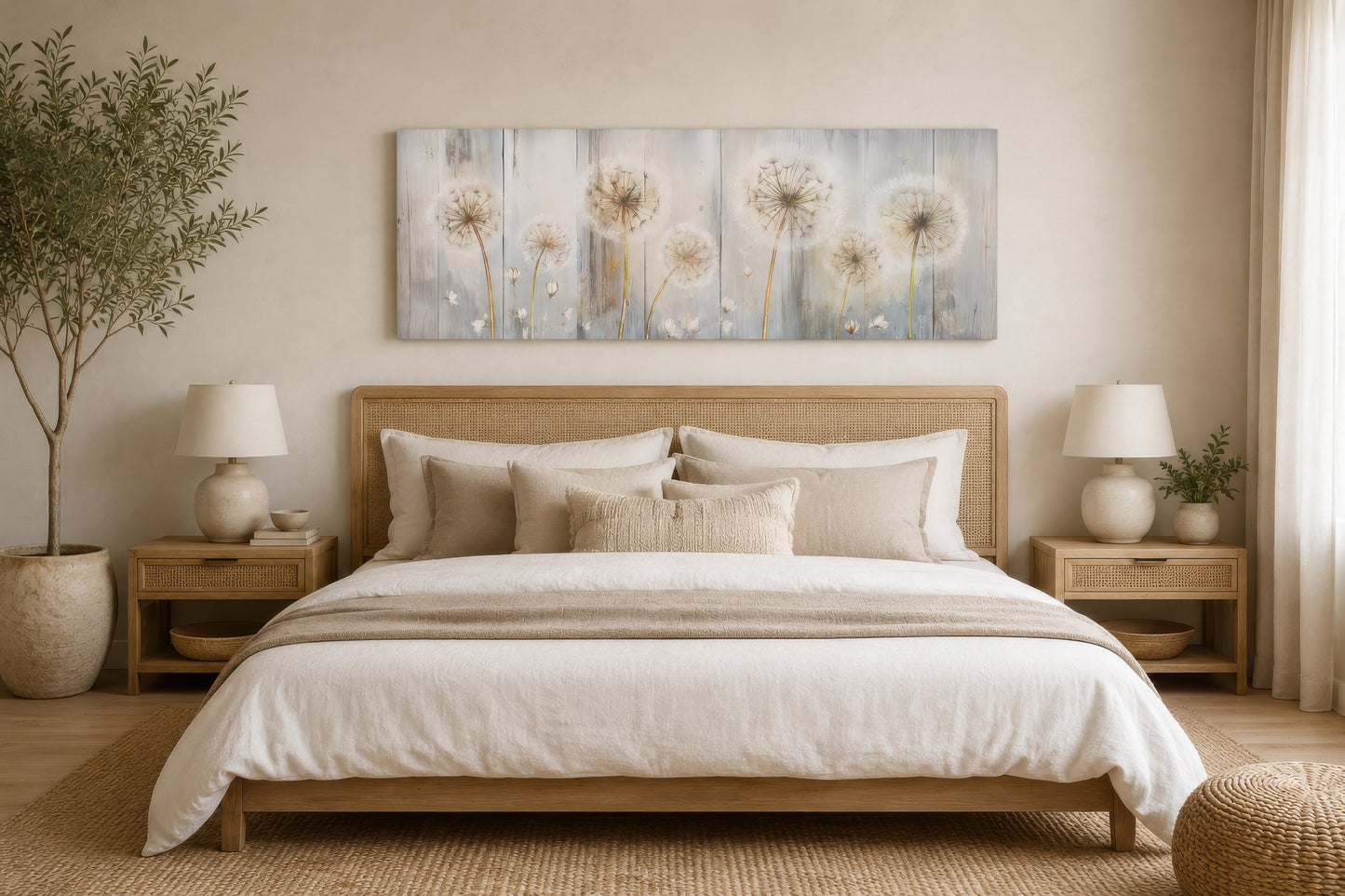 Dandelions Painting On Distressed Wood Horizontal Canvas Wall Art