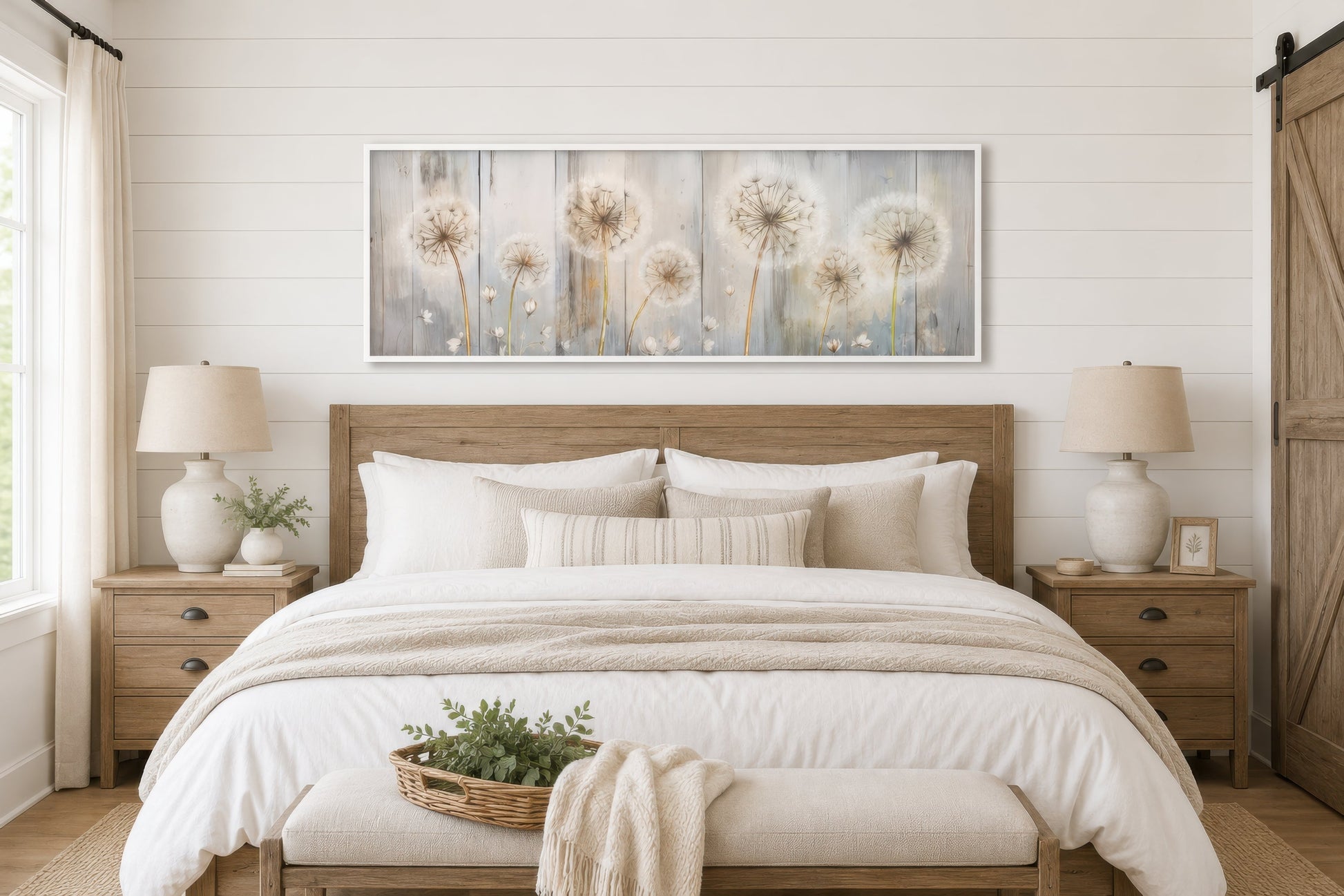 Dandelions Painting On Distressed Wood Horizontal Canvas Wall Art