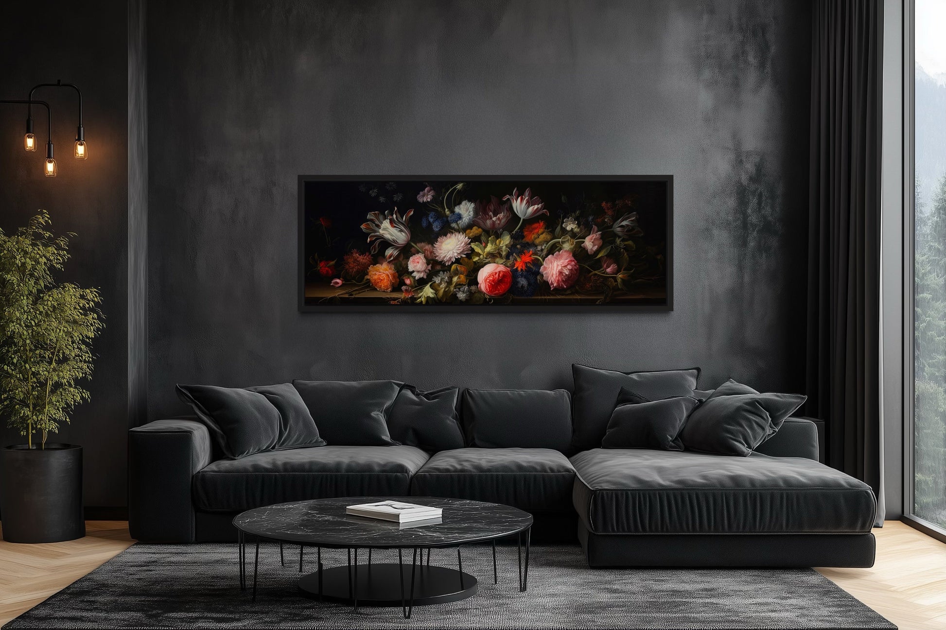 Dark Academia Antique Flowers Moody Horizontal Framed Canvas Wall Art