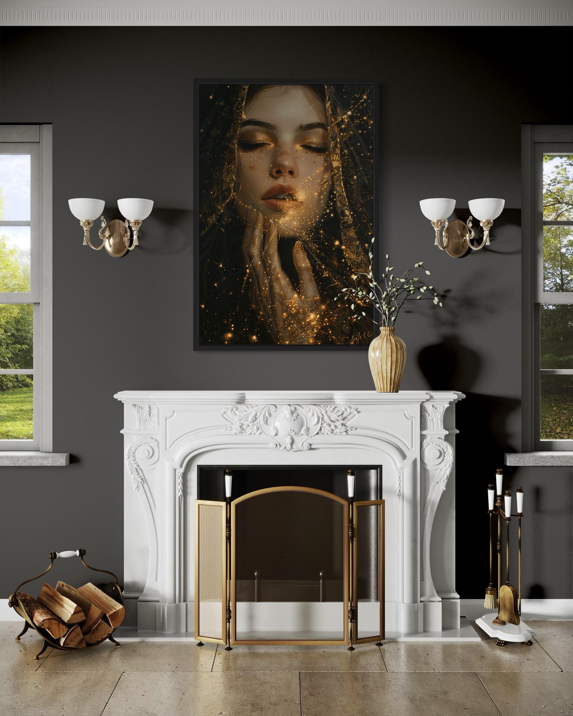 Dark Academia Golden Stardust Framed Canvas Wall Art