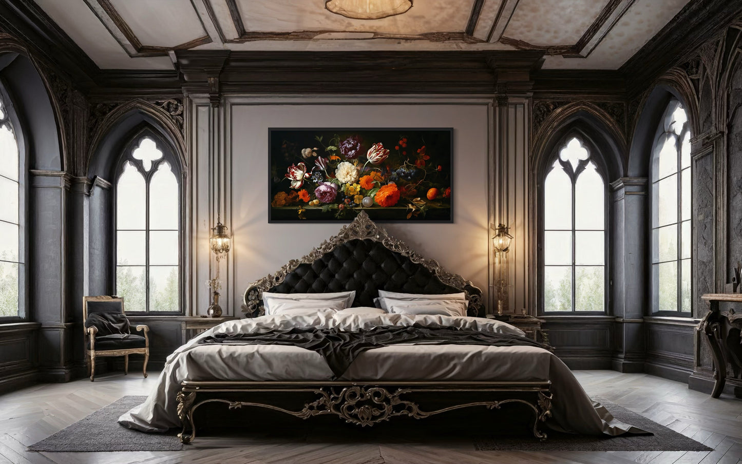 Dark Academia Wall Art – Antique Floral Print Framed Gothic Canvas Decor