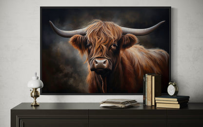 Dark Beautiful Highland Cow Framed Canvas Wall Art