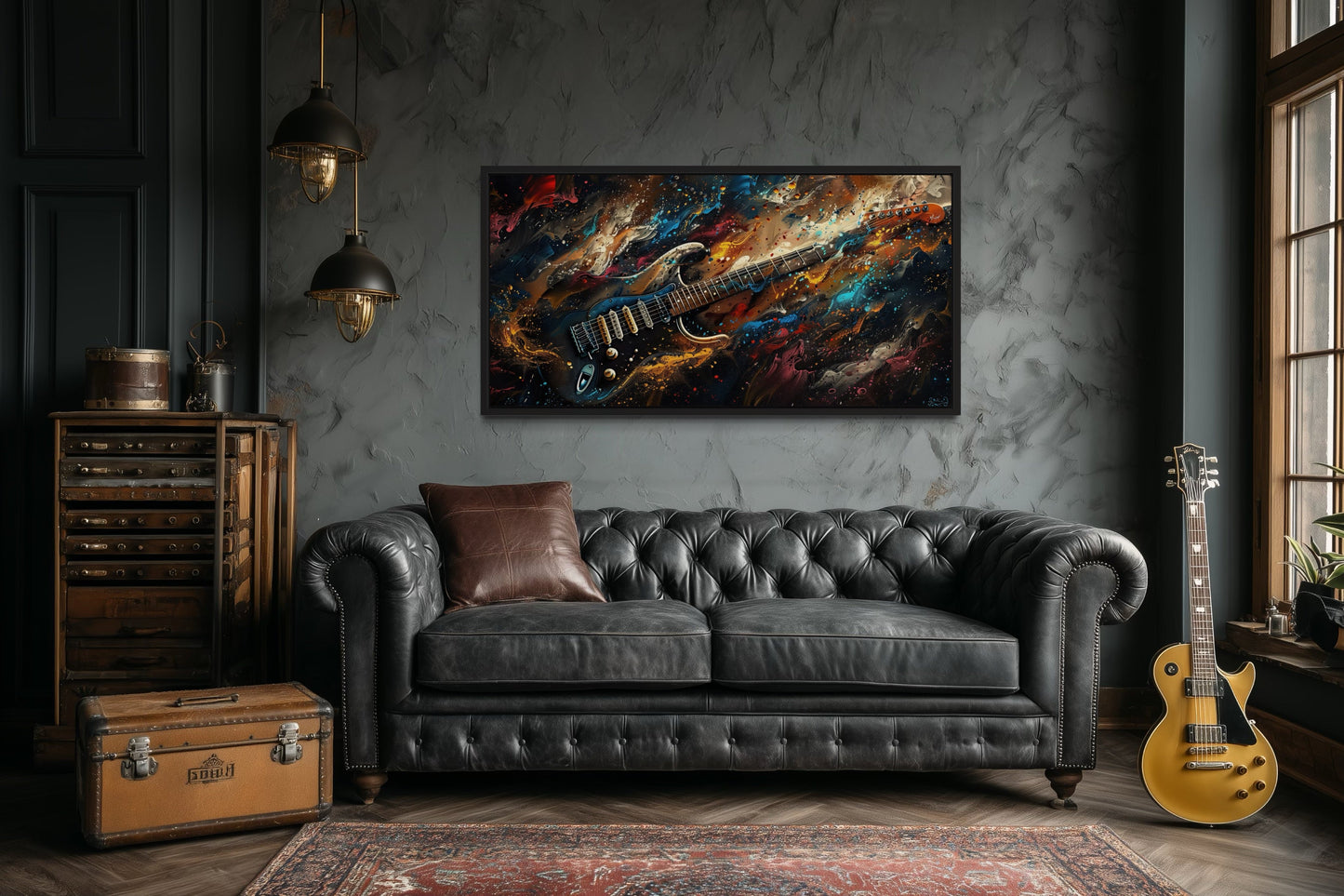 Dark Colorful Electric Guitar Framed Canvas Wall Art, Manly Music Room Decor