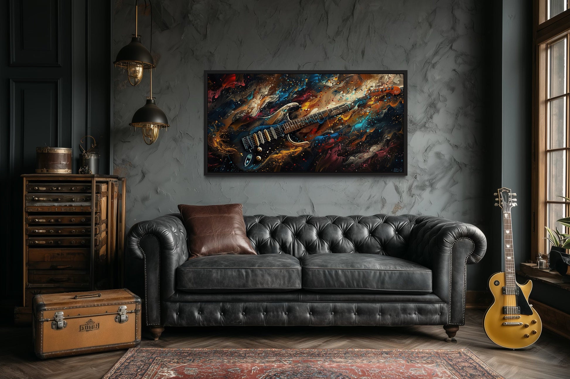 Dark Colorful Electric Guitar Framed Canvas Wall Art, Manly Music Room Decor